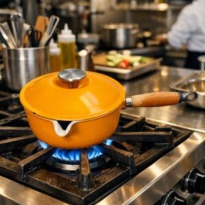 Vintage Le Creuset Orange Enamel Sauce Pan with Wooden Handle Size 20